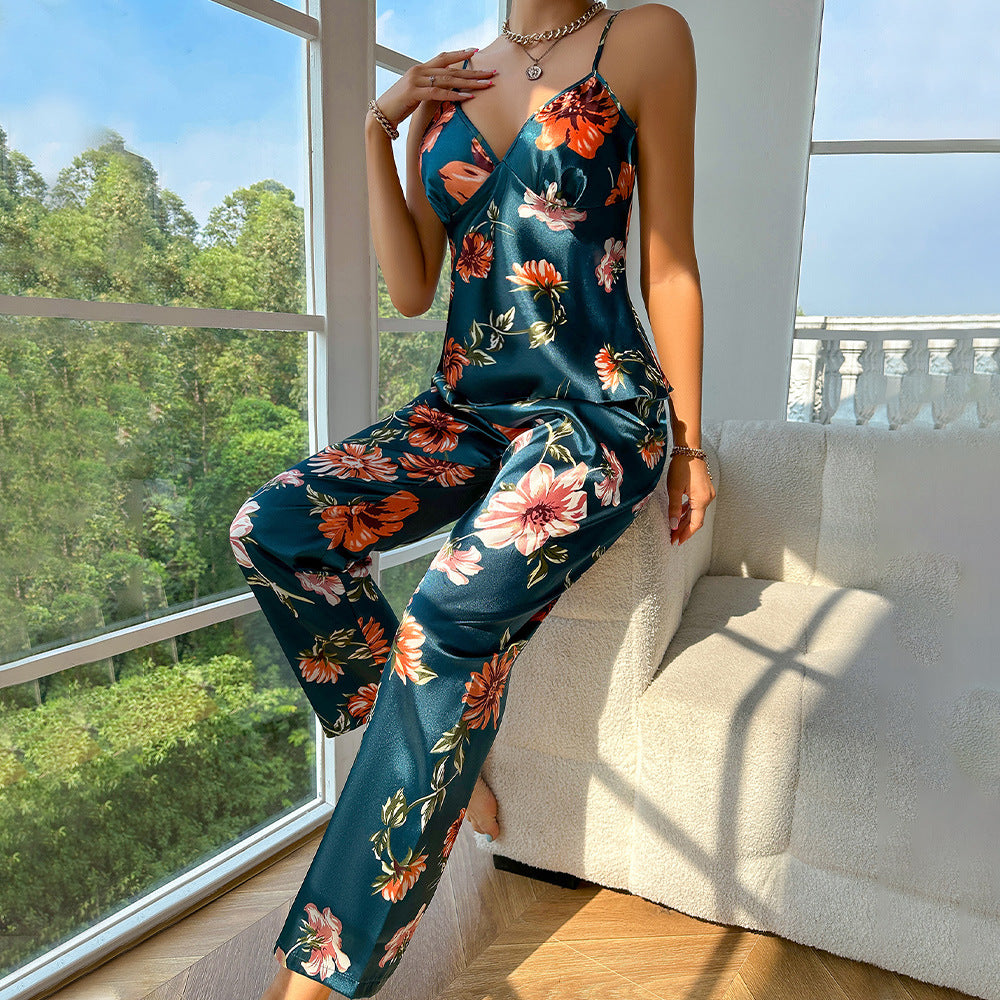 Simple Women Suspender Trousers Pajamas Set Sexy Printed Artificial Silk Comfortable Homewear Thin Pajamas