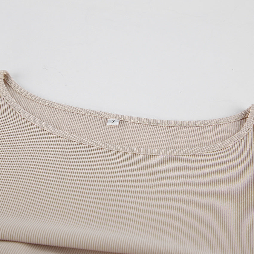 Design Solid Color Slim Fit Pleated round Neck Bell Sleeve Top for Women Spring Undershirt