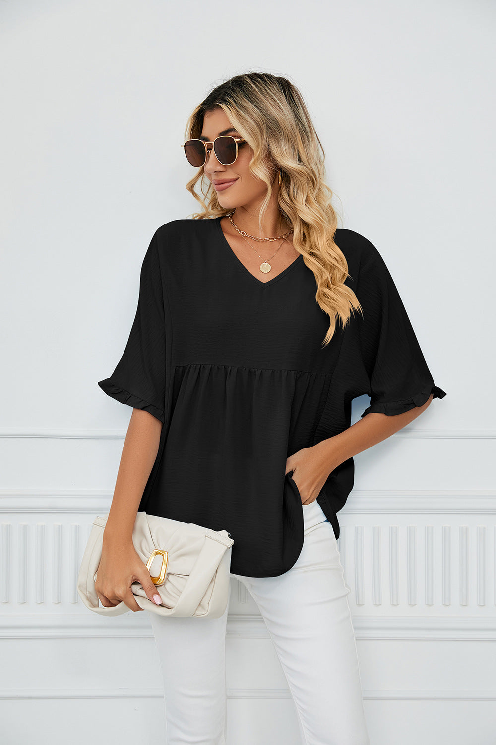 Summer Solid Color V-neck Loose Pleated Stitching Half Sleeve Chiffon Blouses for Women