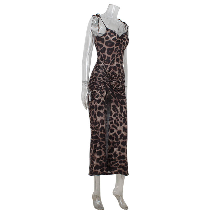 Women Leopard Print Printing Slip Dress Sexy High Waist Slit Sheath Dress