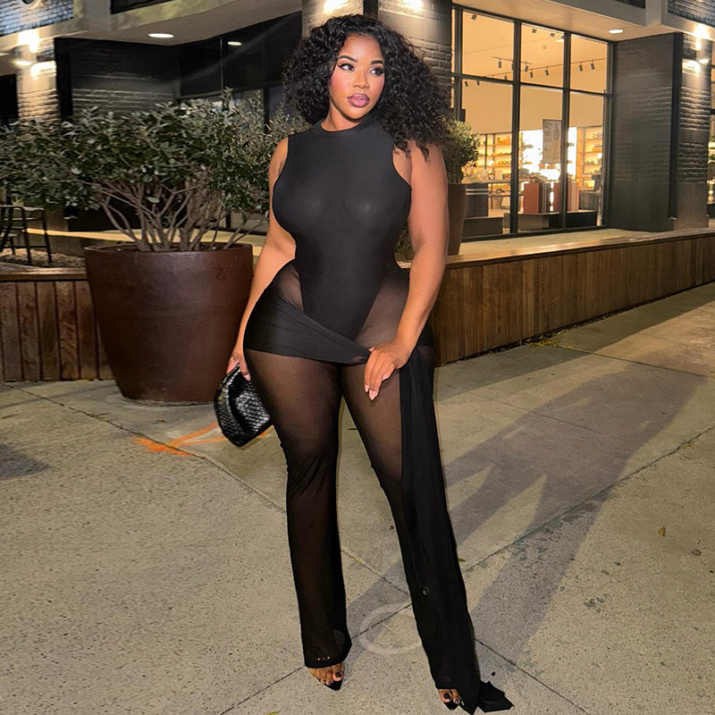 Slim Fit Sports Women round Neck Micro Transparent Mesh Jumpsuit Sexy Solid Color Backless Long Jumpsuit