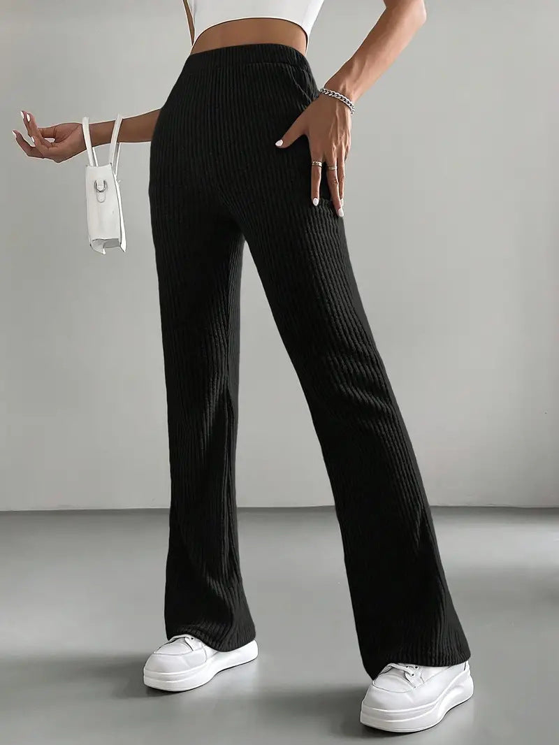 Bell Bottom Pants Women Autumn Solid Color Casual Pants Rib Knitted Fashionable All Match Slim Fit Women Pants