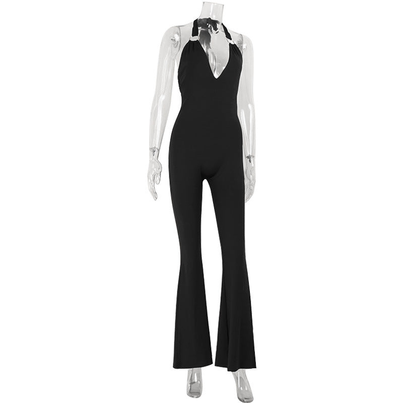 Elegant Sexy Women Deep V Plunge Halter Waist Slimming Bell Bottom Pants One Piece Jumpsuit