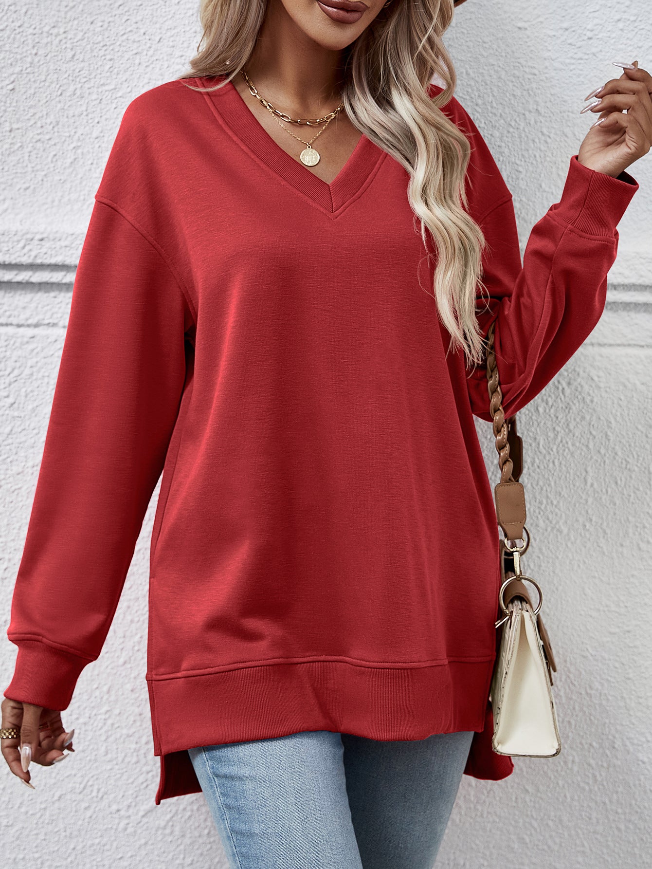 Autumn Winter Women Clothing Sweatshirt Solid Color V Neck Split Front Short Back Long Blouse