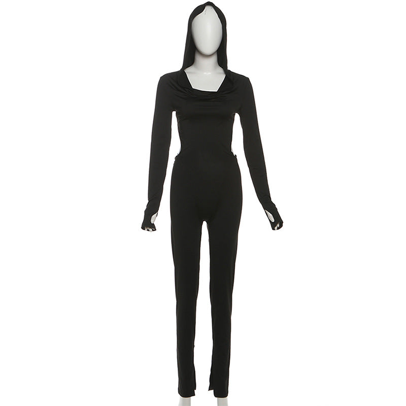 Women Clothing Autumn Sexy Backless Hooded Long Sleeve Solid Color Hip Raise Skinny Jumpsuit