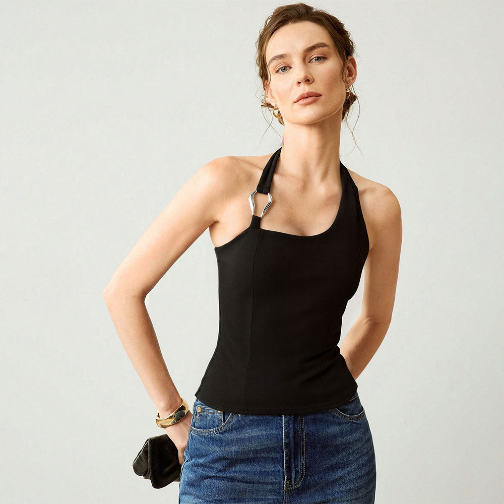 Yoga Exercise Vest Women Quick Dry Training Dance Metal Buckle Decoration Halter Slim Fit Top