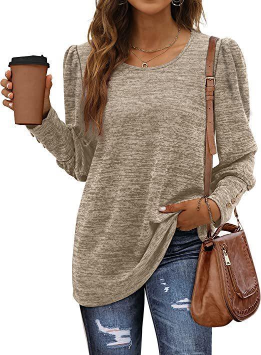 Women Autumn Winter Loose Casual Puff Sleeve Round Neck Long Sleeve T shirt