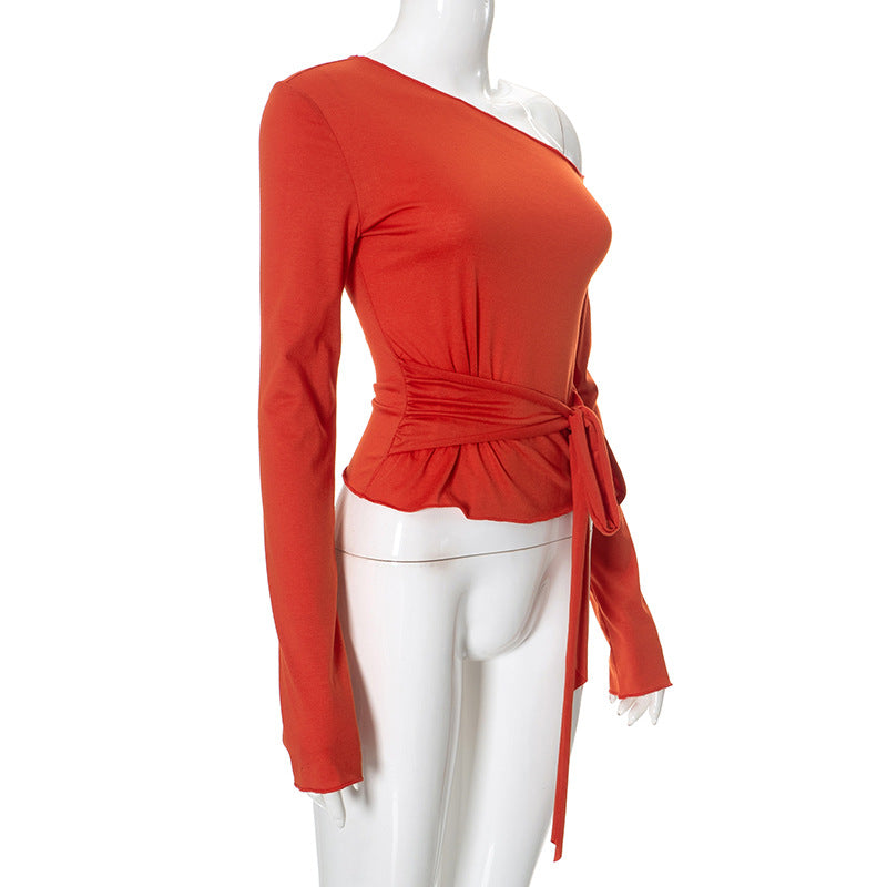 Women Clothing One Shoulder Cold Shoulder Long Sleeve Waist Strap Elegant Short Top