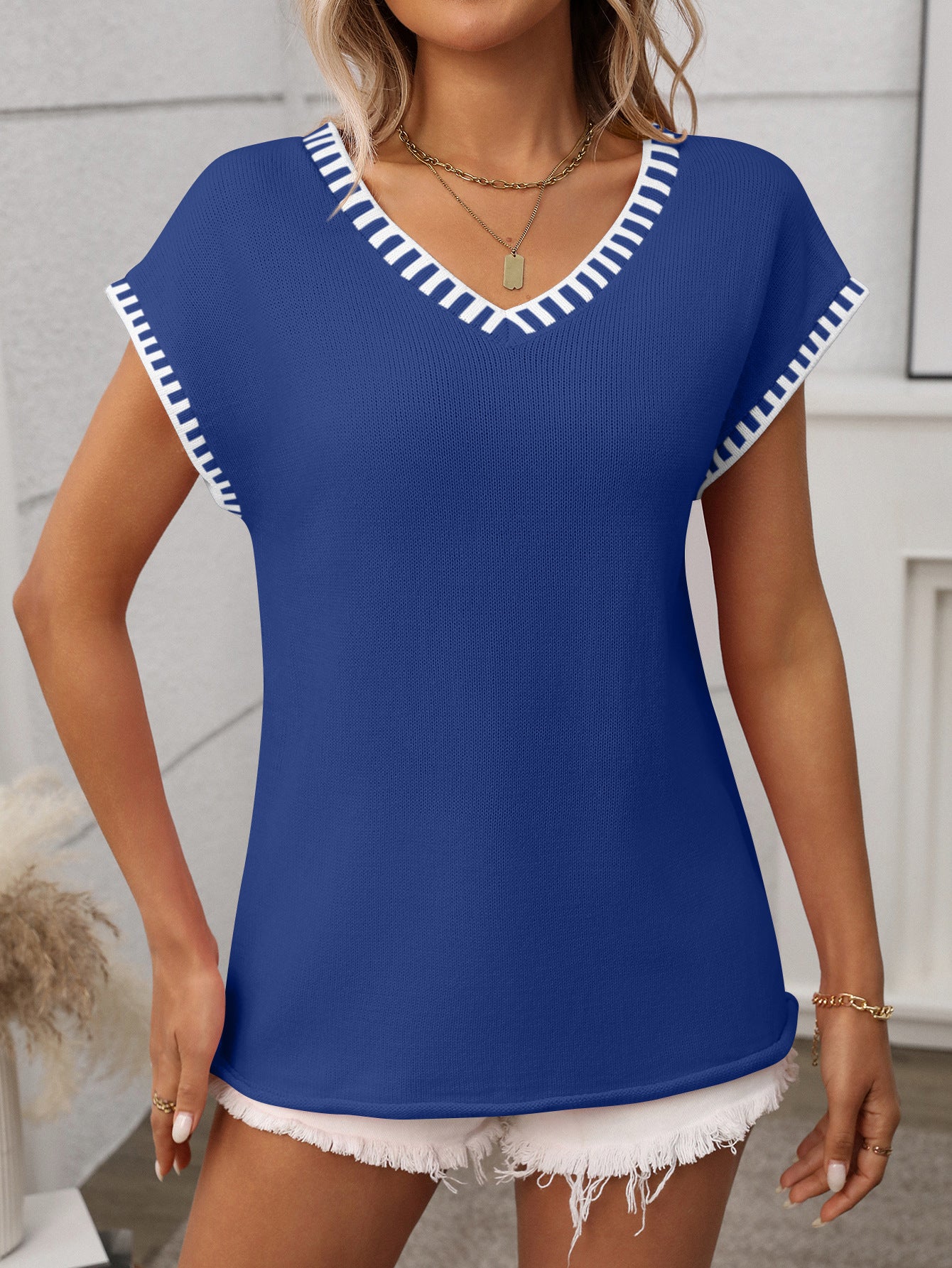 Summer Women Clothing Pullover Short Sleeve V neck Short Sleeve Striped Knitted Sweater