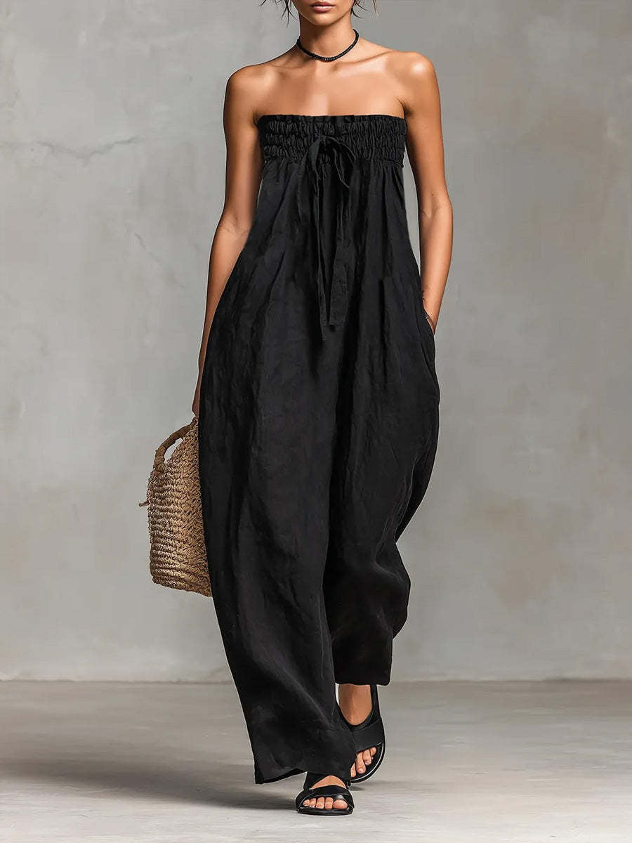Women Spring Clothing Lace up Tube Top Smocking Jumpsuit Strapless
