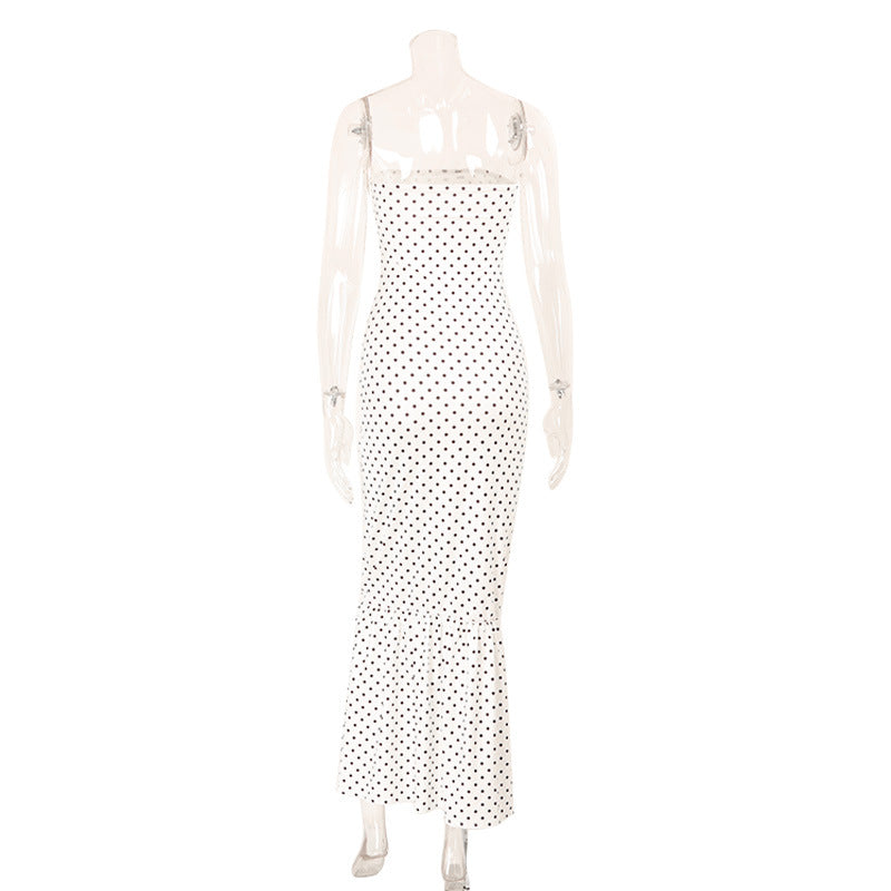 White Polka Dot Tight Strapless Tight Waist Fishtail Hip French Sexy Vacation Long Dress