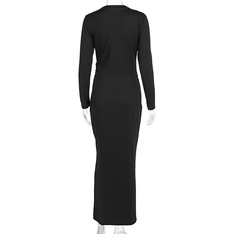 Autumn Women Long Sleeve Fitted Waist Pleated Slim Maxi Dress