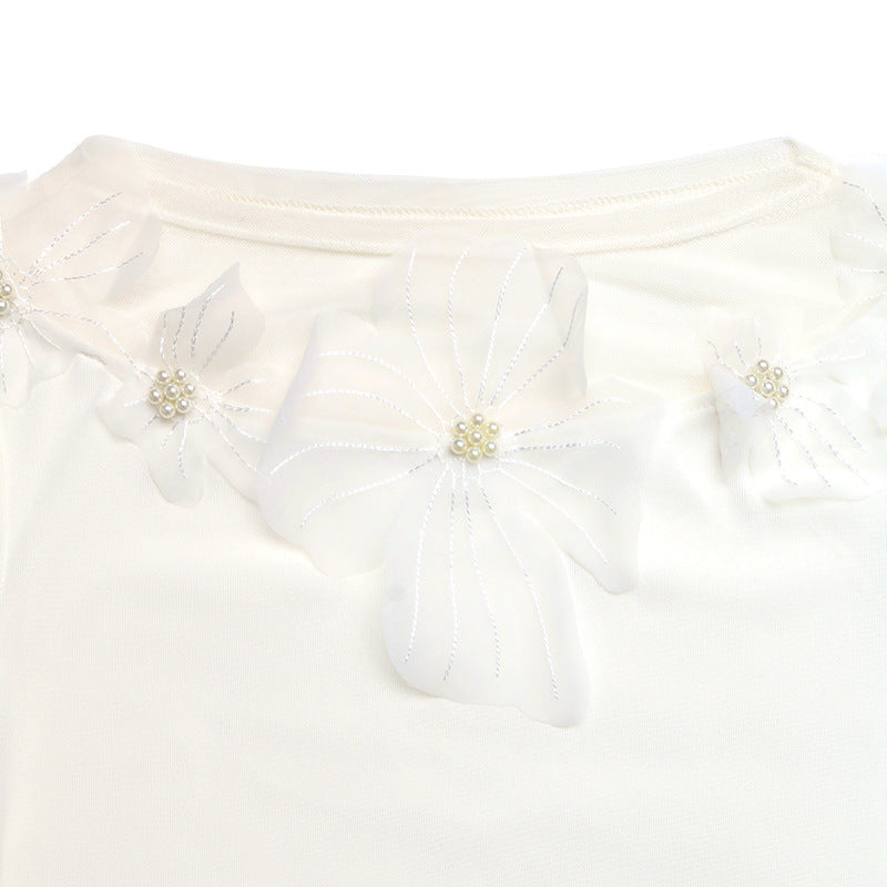 Spring Autumn Elegant Office Slim Fit Three Dimensional Floral Mesh Stitching Solid Color Top Women