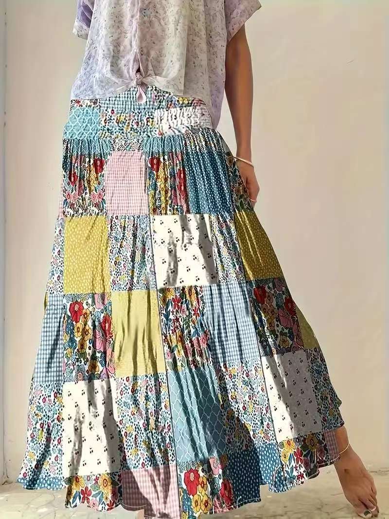 Printed Stitching Women Clothing Popular Floral Skirt Long Skirt