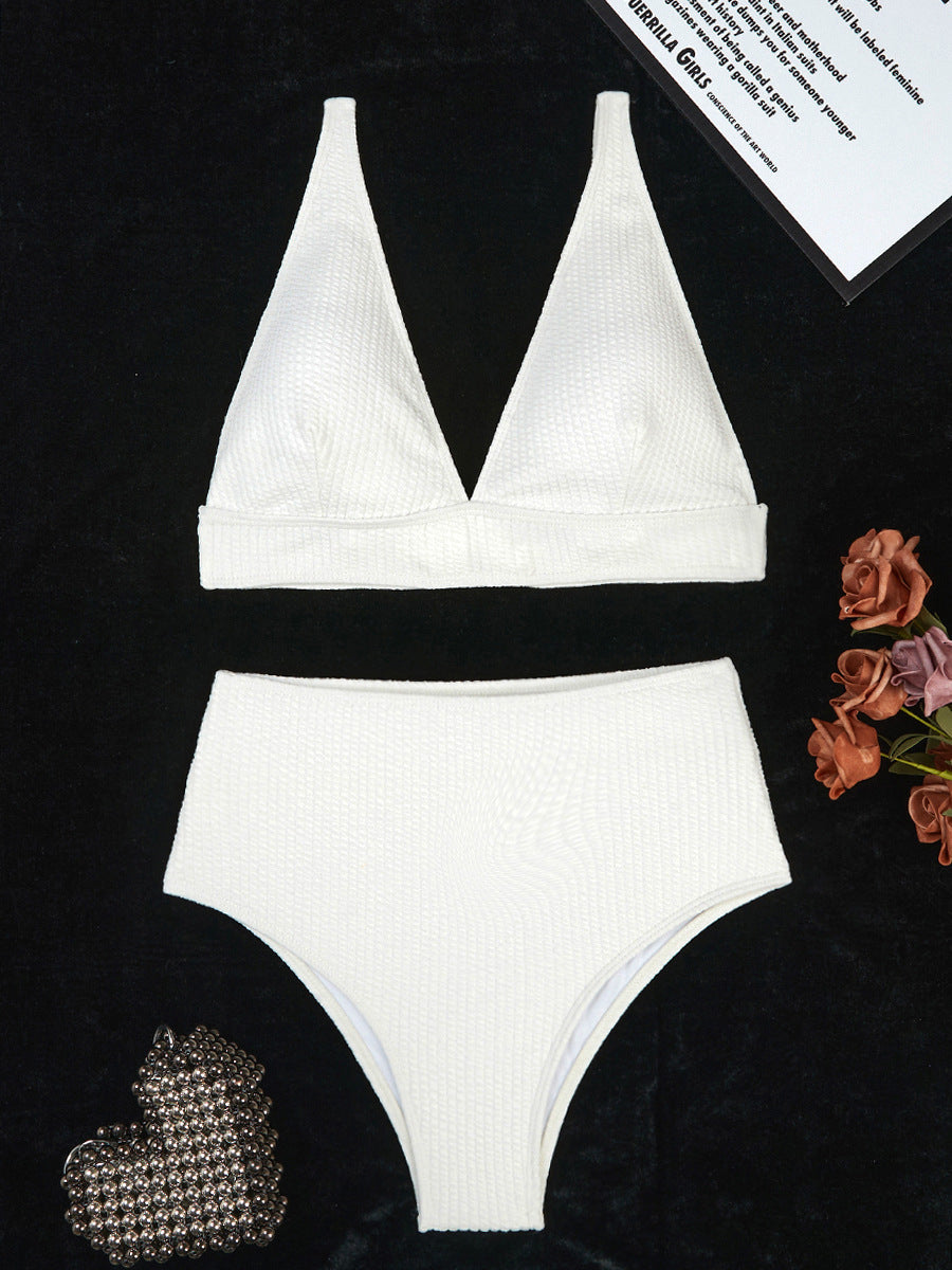 Solid Color High Waist Sunken Stripe Bikini Sexy Swimsuit Women Split Special Fabric Swimsuit
