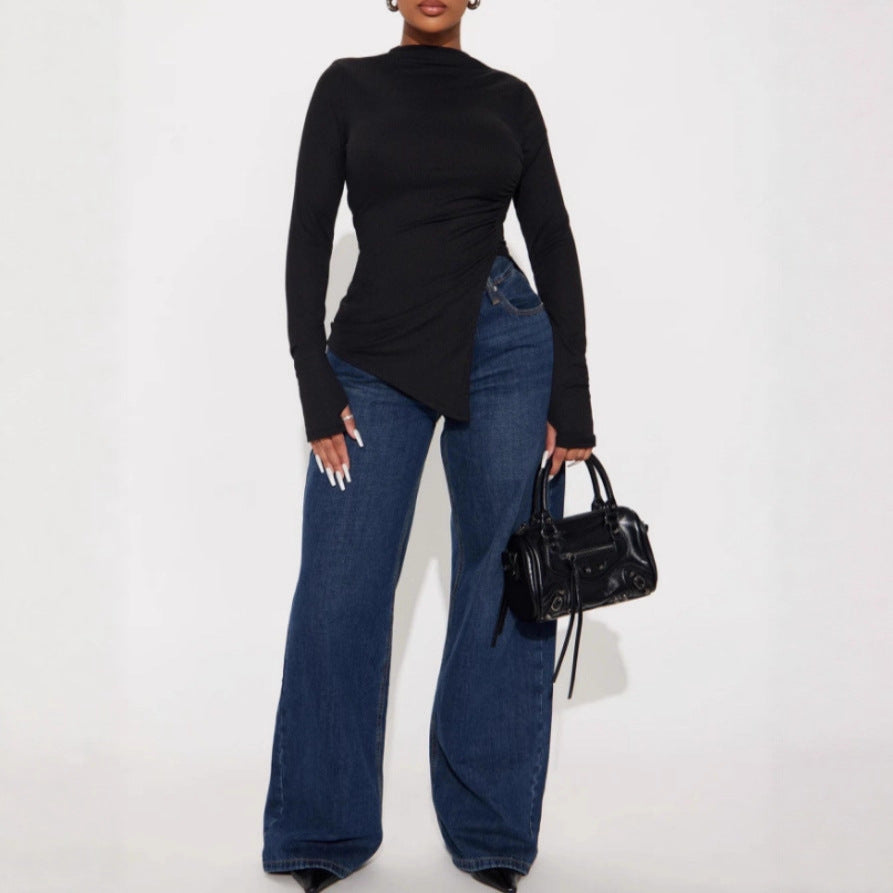 Spring Autumn Solid Color Irregular Asymmetric Split Long Sleeve T shirt Half Turtleneck Slim Fit Pullover Bottoming