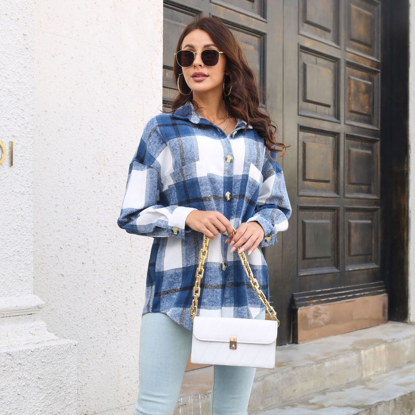 Plaid Coat Women Long Sleeve Mid Length Woolen Shacket Autumn Winter Women Clothing