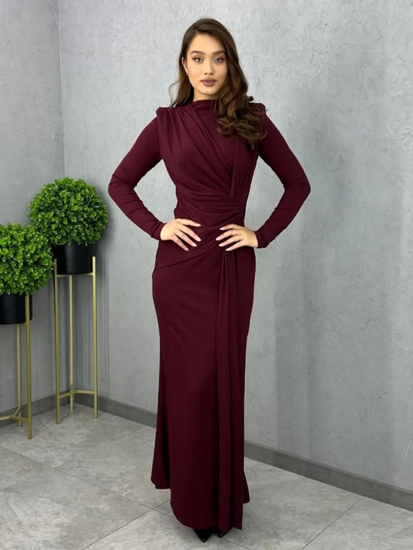 Autumn Women Long Sleeve Fitted Waist Pleated Slim Maxi Dress