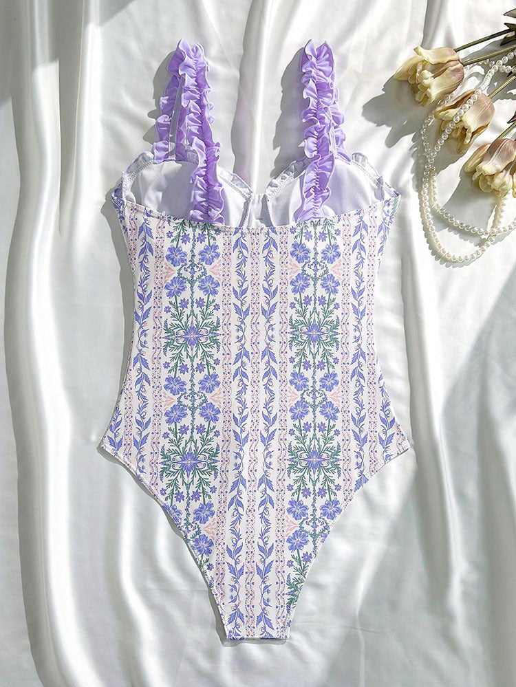 Ruffled Printed One Piece Swimsuit Women Lace up Conservative Bikini Beach Swimsuit