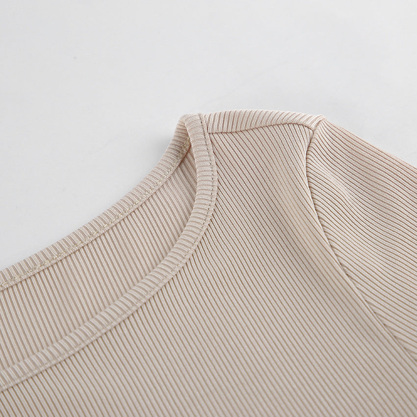Design Solid Color Slim Fit Pleated round Neck Bell Sleeve Top for Women Spring Undershirt