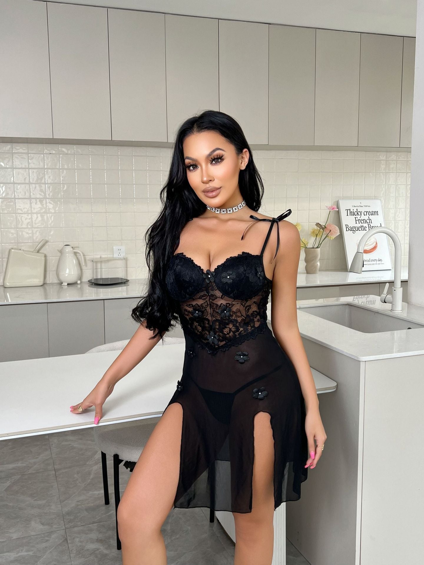 Sexy Lingerie Sling Lace See through Nightdress Mesh Sexy Split Sexy Dress
