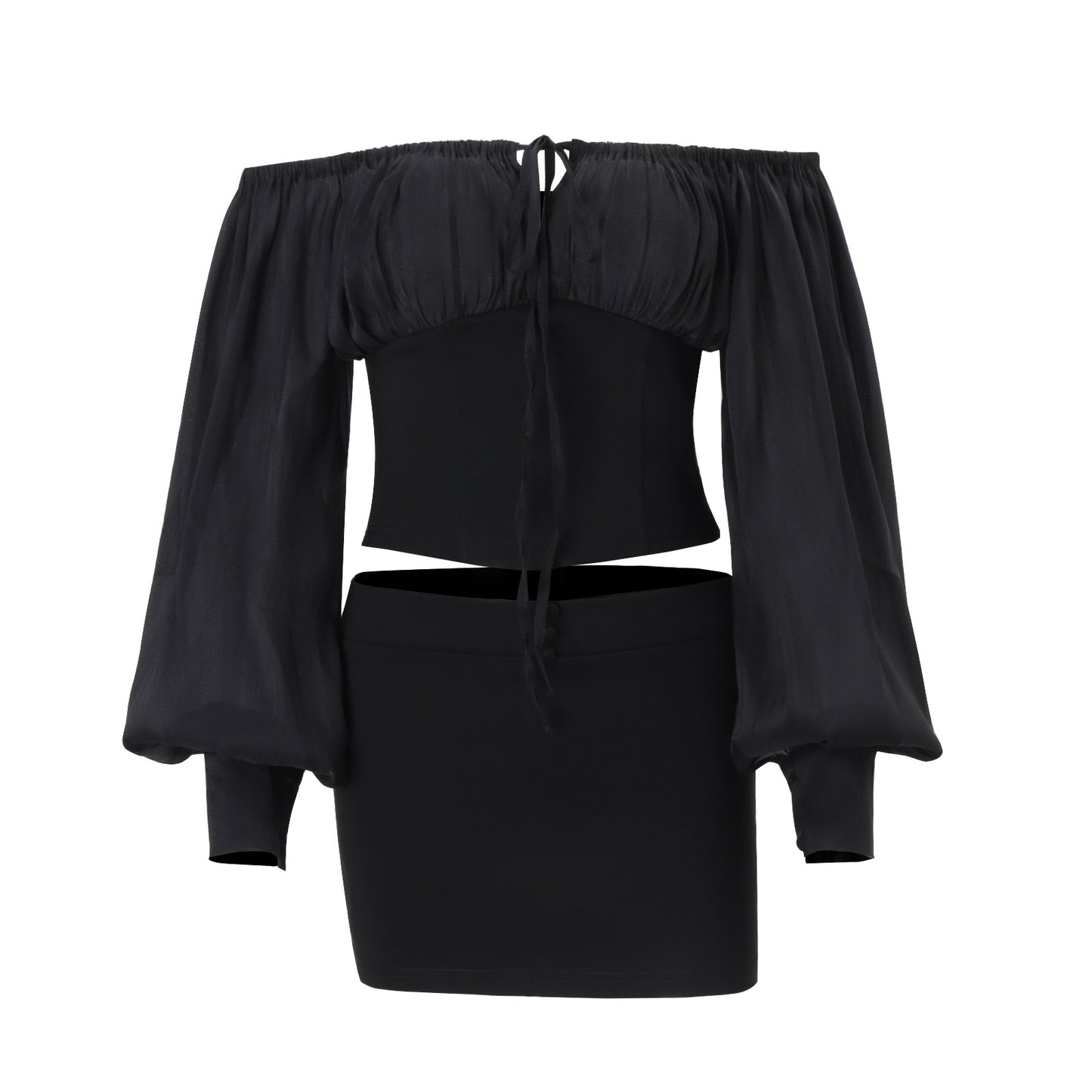 Autumn Sexy off Shoulder Retro Mesh Long Sleeve Top Sheath Skirt Outfit Women