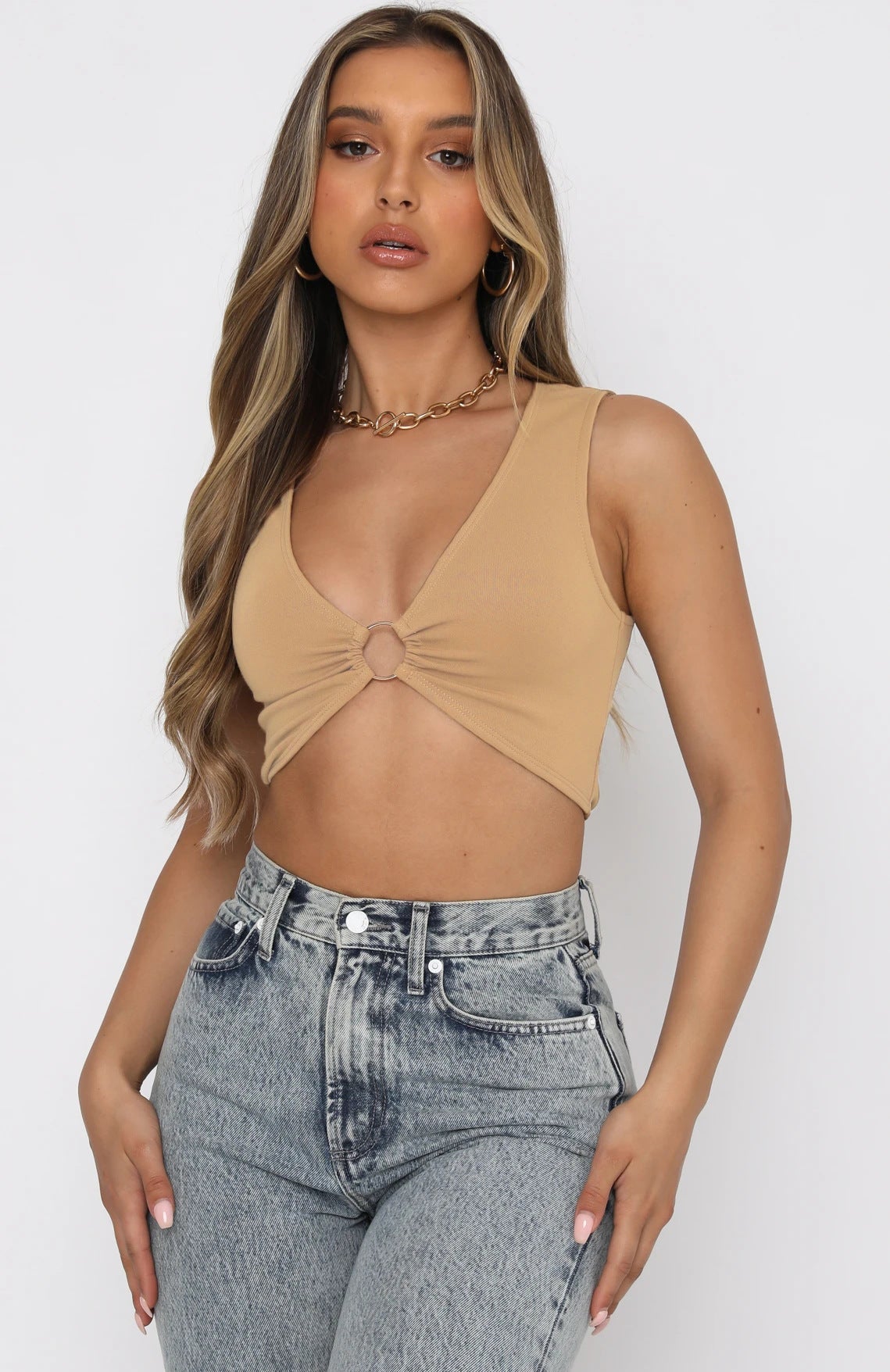 Women Summer Cropped V-neck Solid Color Small Top Metal Ring Hollow Out Cutout Backless Sexy Slim Vest
