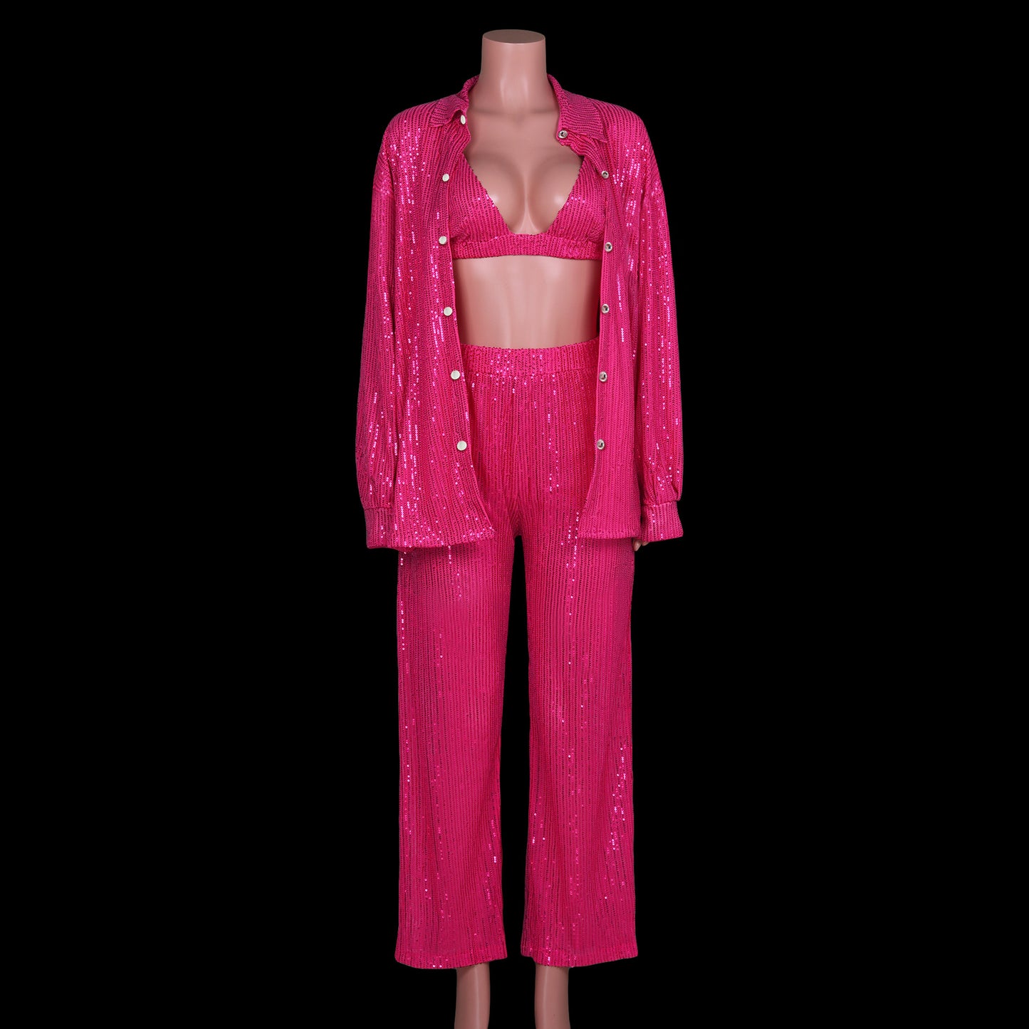 Spring Summer New Women Clothing Solid Color Sequ Fashion Casual Set Shirt Underwear Straight-Leg Pants