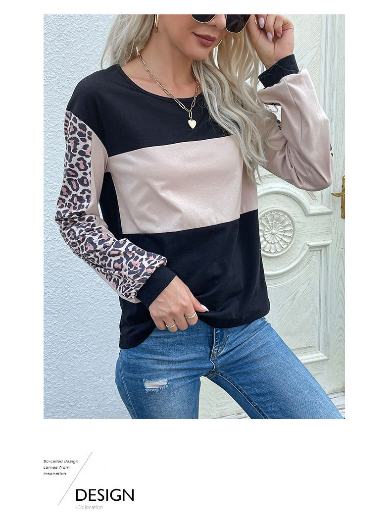 Autumn Loose Casual Top Leopard Print Stitching Long Sleeve T Women Sweatshirt