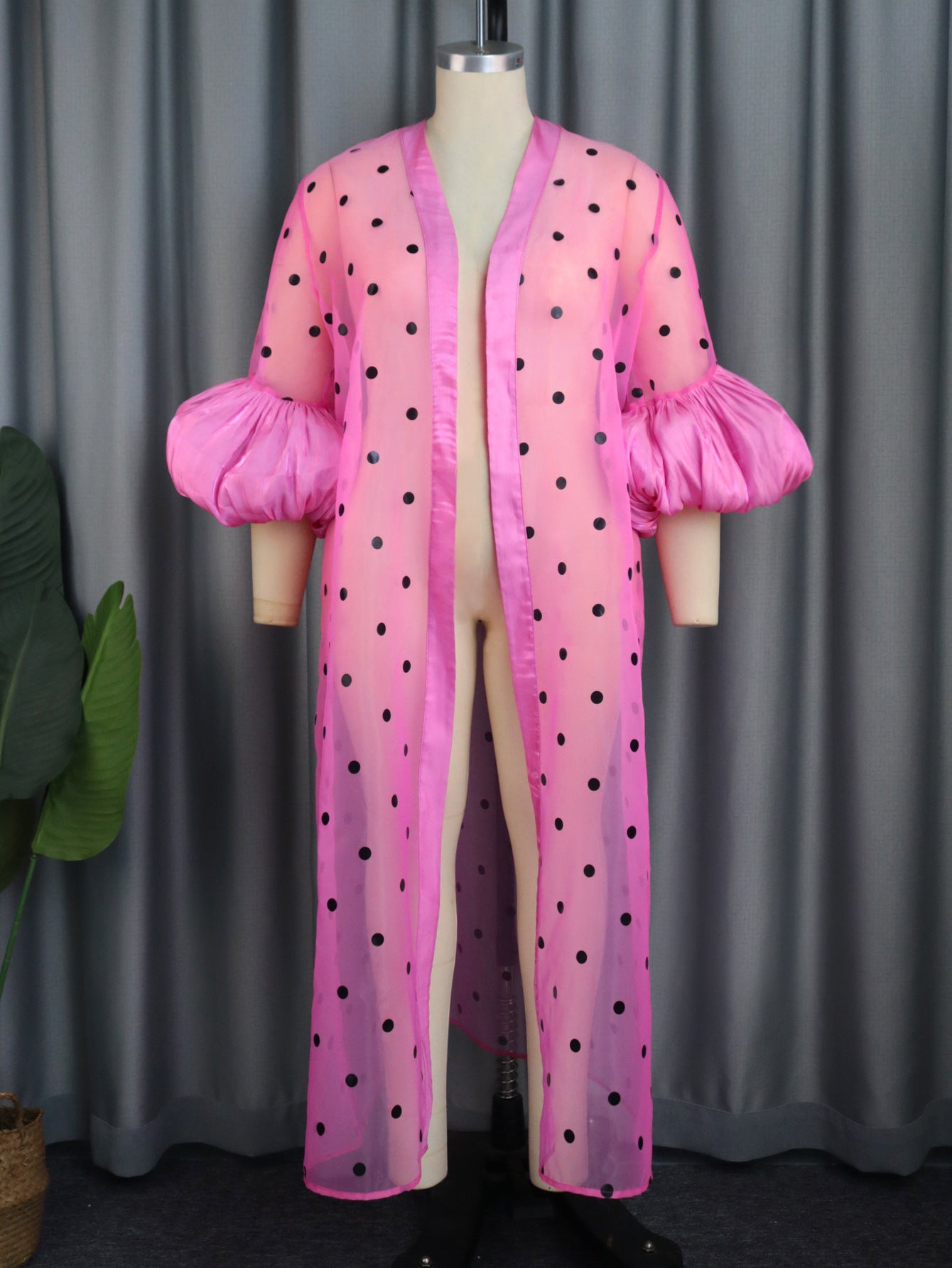 Summer Casual Breathable Tulle Coat Polka Dot Puff Sleeve See through Women Chiffon