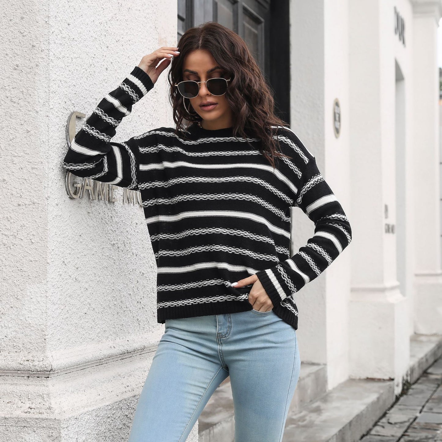 Striped Long Sleeved Sweater Women Loose Autumn Winter Knitwear Women Clothing Sweater
