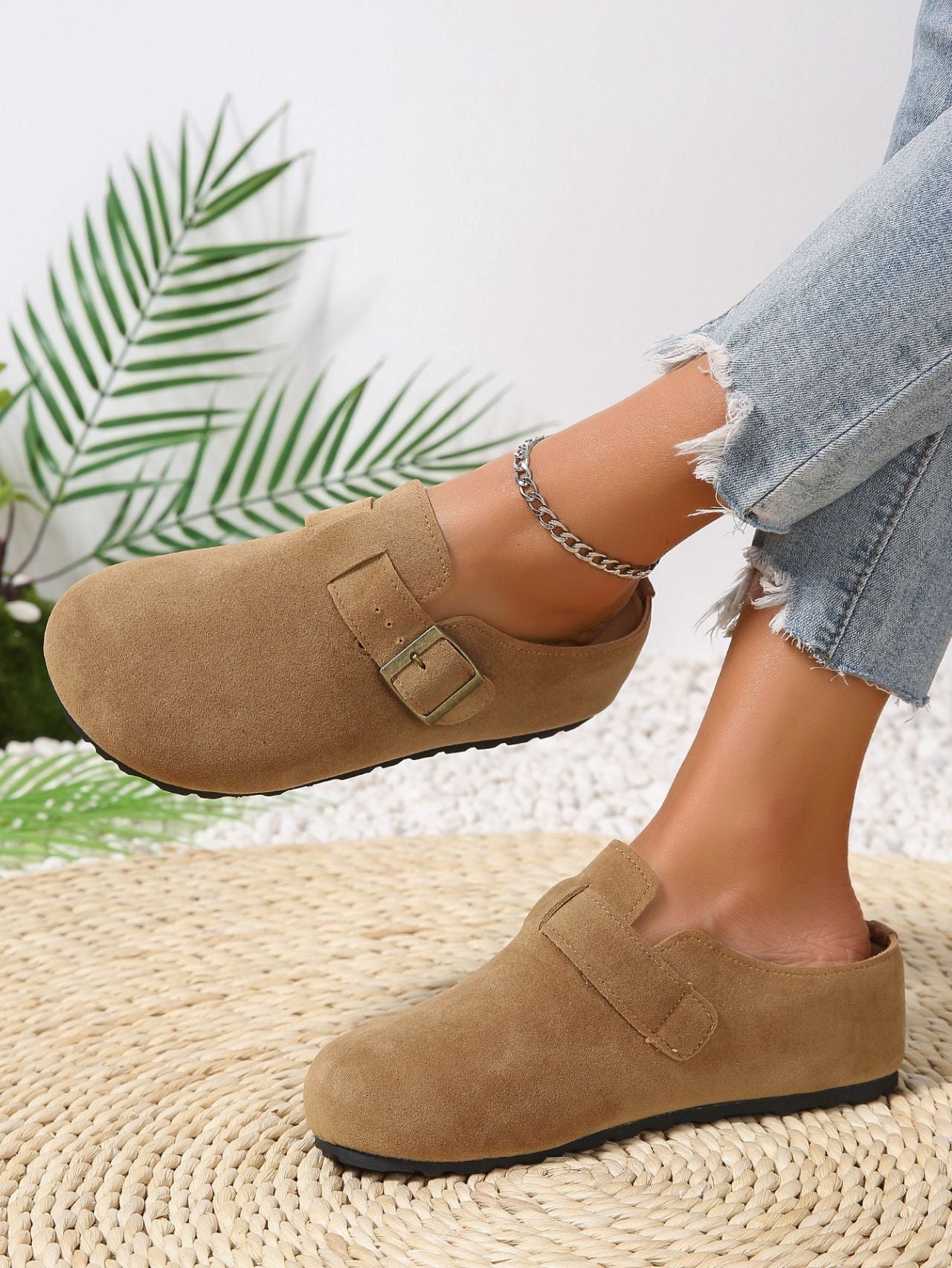 Belt Buckle Closed Toe Birkenstock Half Slippers Women Outer Wear French Slip on Thick Bottom Back Open Shoes