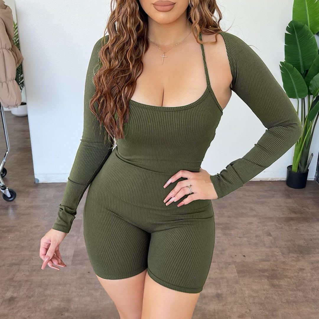 Women Clothing Goods Solid Color Rib Fabric Shawl Backless Lace up Jumpsuit Two Piece Set