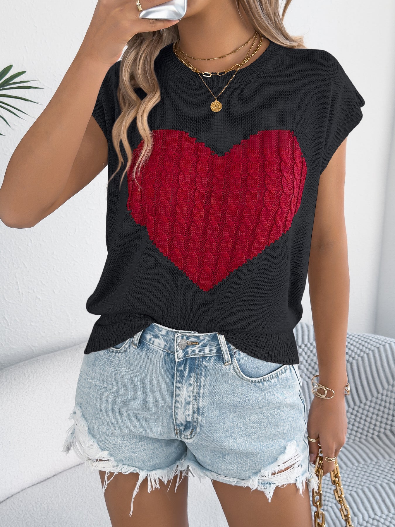 Spring Summer Contrast Color Love Casual Loose Knitwear Valentine Day Top Women Clothing