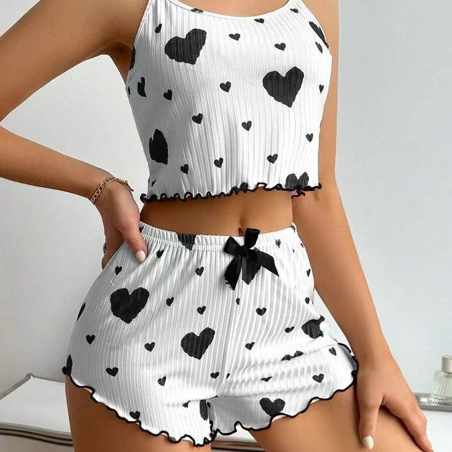 Ladies Homewear Heart Printing Suspender Shorts Casual Sunken Stripe Outerwear Women Pajamas