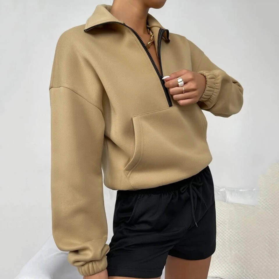 Autumn Women Clothing Loose Zip Collar Long Sleeve Sweatshirt Tops