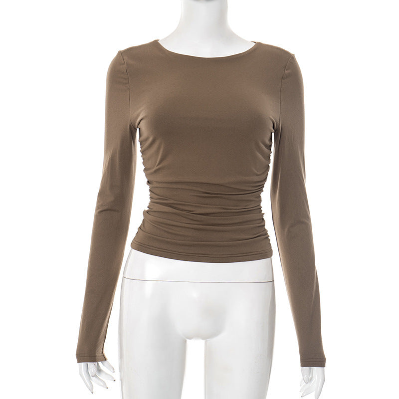 Women Clothing Summer Casual Simple Solid Color round Neck Long Sleeve T shirt Top