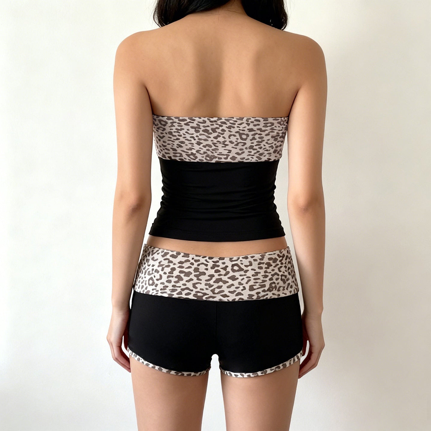 Sexy Women Wear Leopard Splicing Casual Tube Top Shorts Set Slimming Top Hip Boxer Shorts Two Piece Set