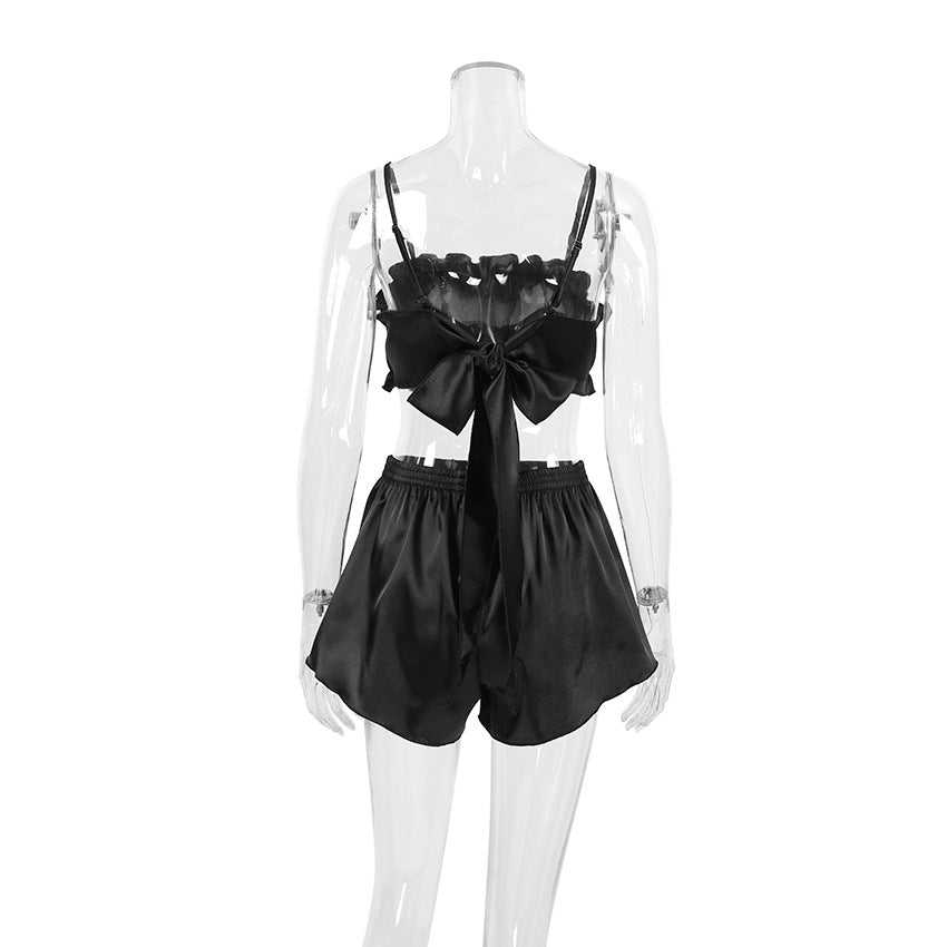 Summer Satin Design Sexy Pajamas Sexy Tied Spaghetti Strap Shorts Two Piece Set Homewear