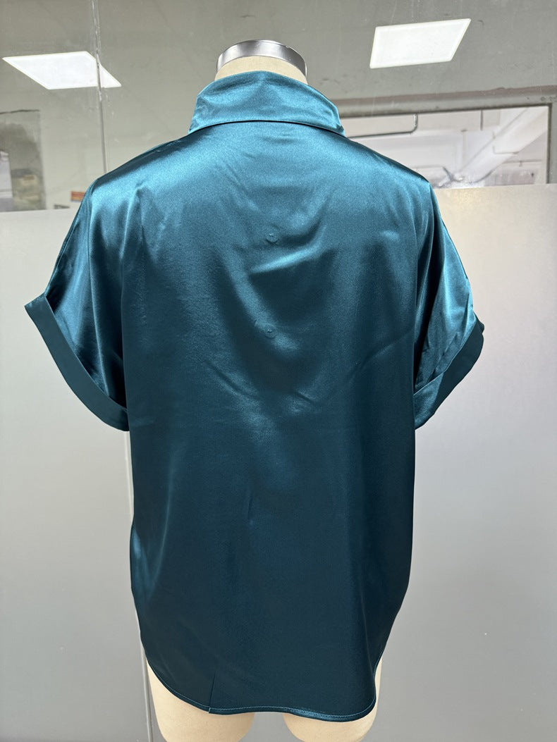 Satin Shirt Short Sleeve Satin Button Shirt Casual Loose Top Women