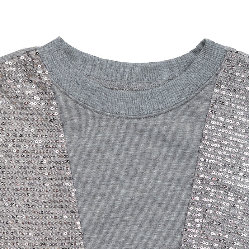 Spring Autumn Casual Retro Top Gray Long Sleeves Sequin Stitching Sweater