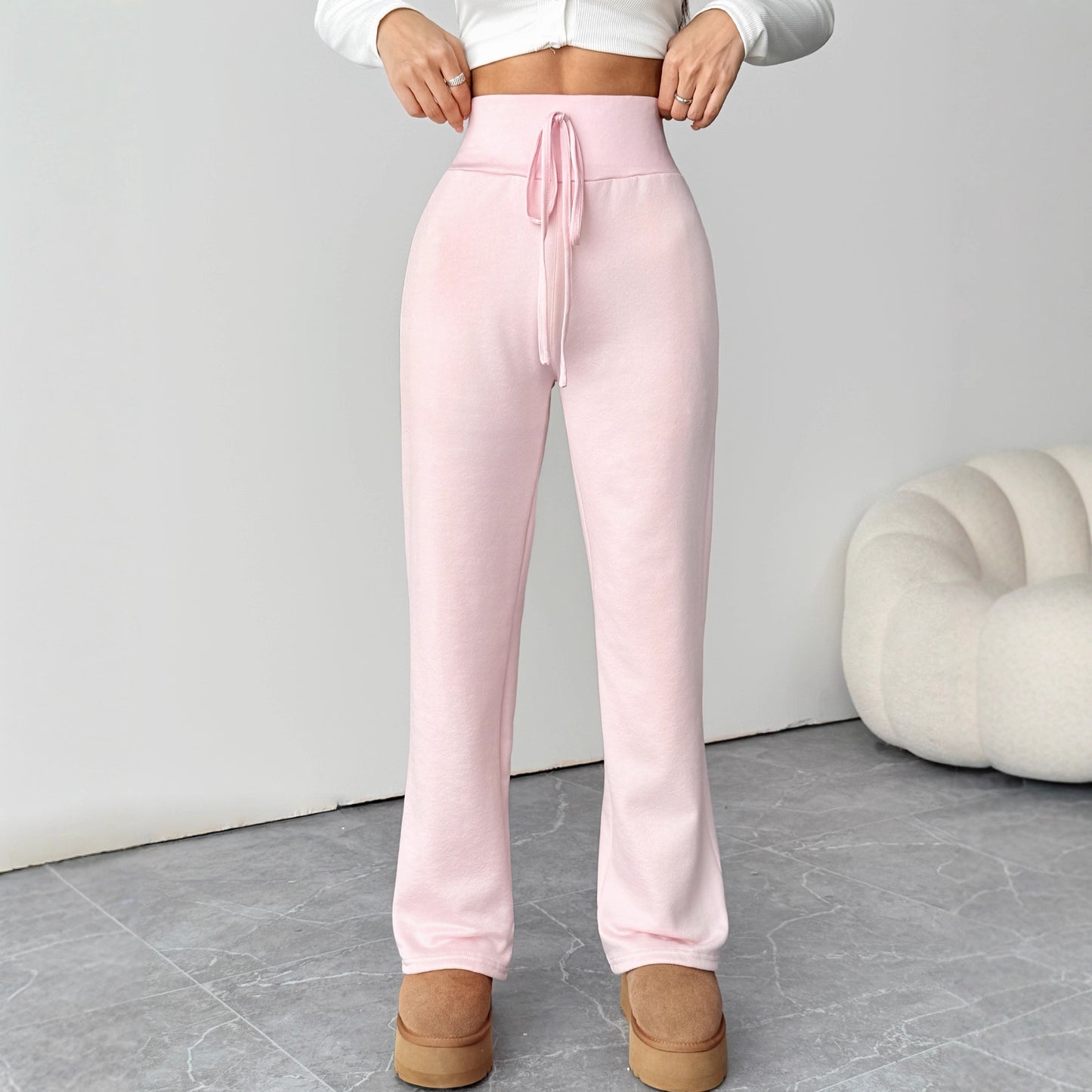 Winter Thickened Warm Berber Fleece Pink Casual Pants Outer Wear Slim Slimming Faux Drawstring Design