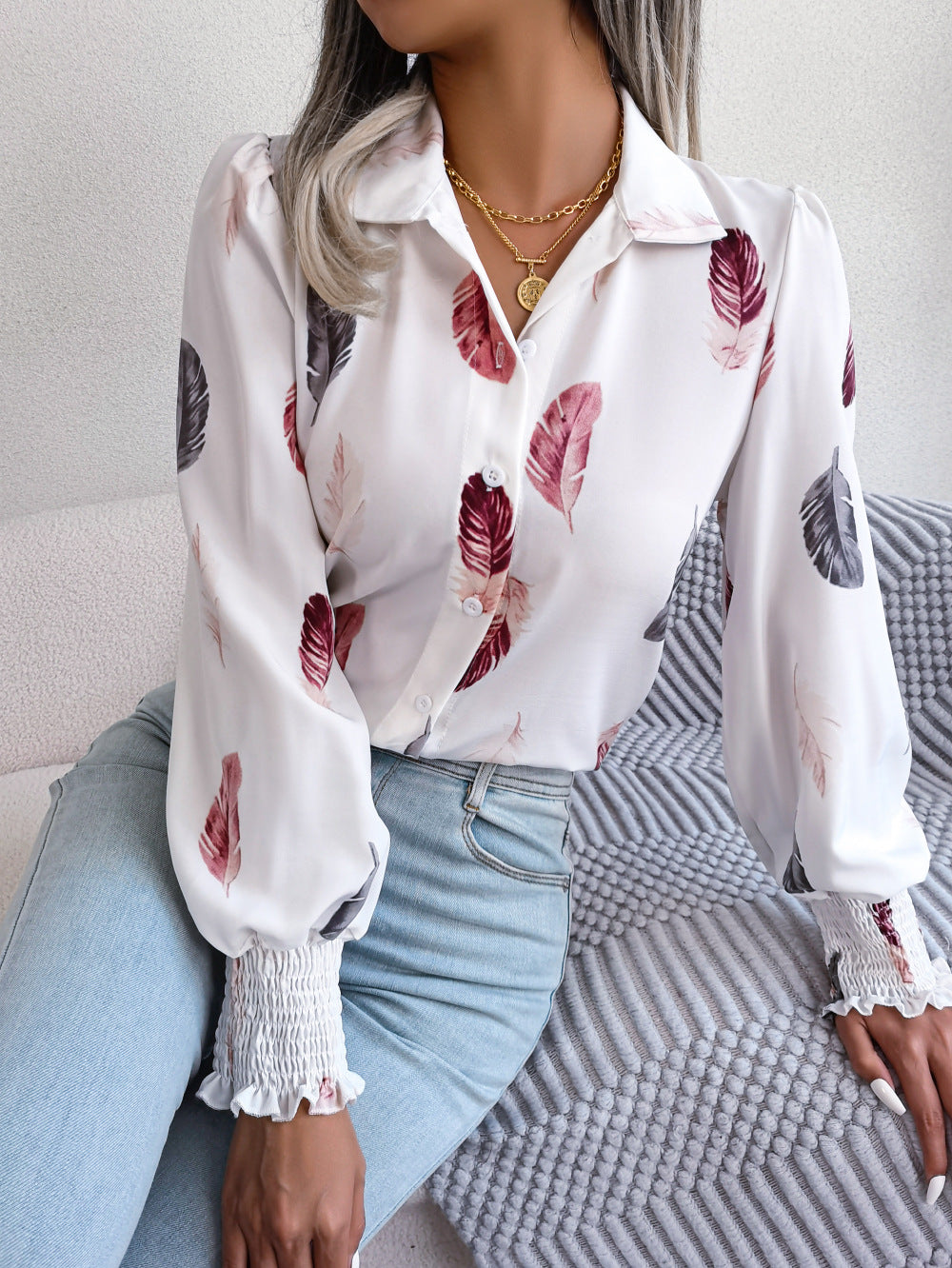 Spring Summer Elegant Feather Lantern Sleeve Collared Shirt Women Clothing