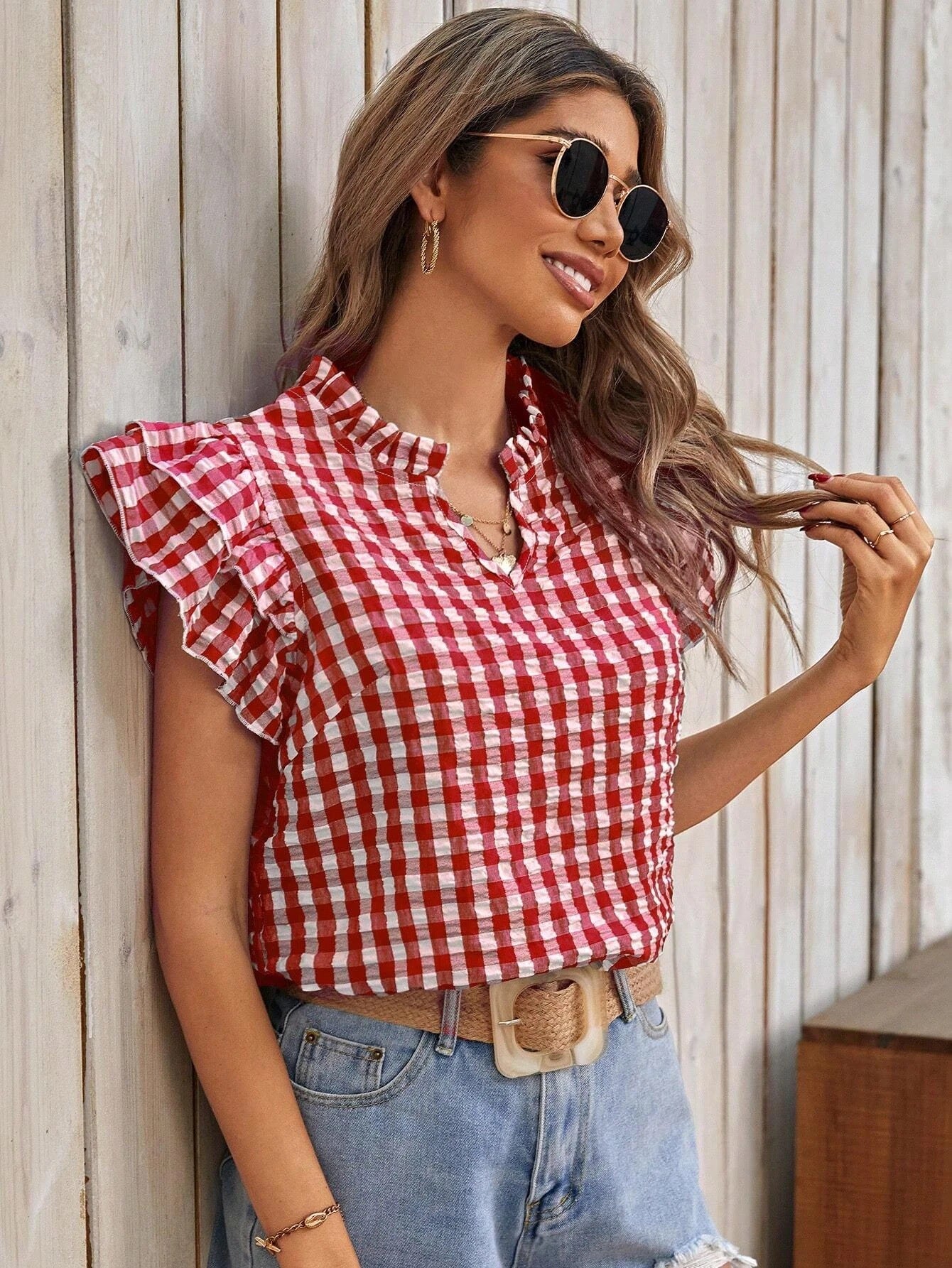 Summer Top Double Layer Ruffled Sweet Cute Women Clothing Plaid Short Sleeve