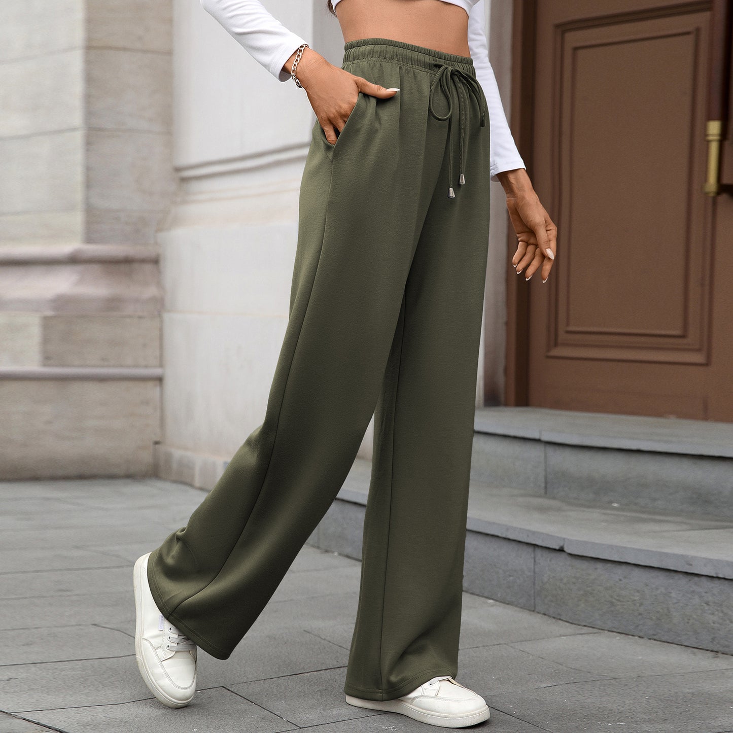 Autumn Winter Solid Color Elastic Waist Pocket Loose Straight Trousers Ladies