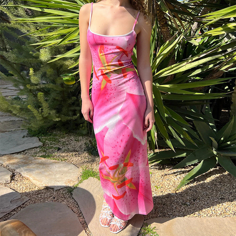 Summer Women Clothing Printing Slip Dress Fresh Sweet Cinched Slimming Slim Fit Idle Maxi Dress