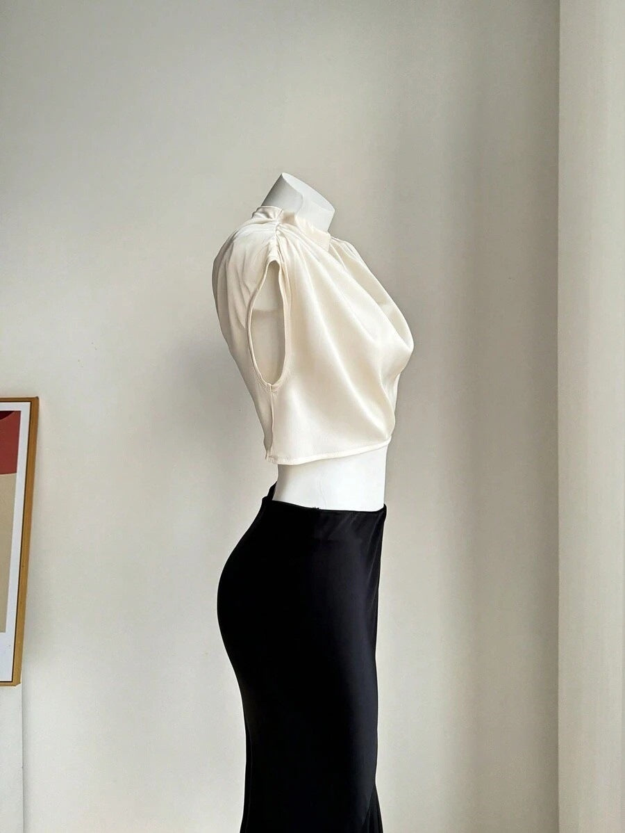 Women Clothing Pleated Batwing Sleeve Satin Shirt Stand Alone Satin Artificial Silk Short Top