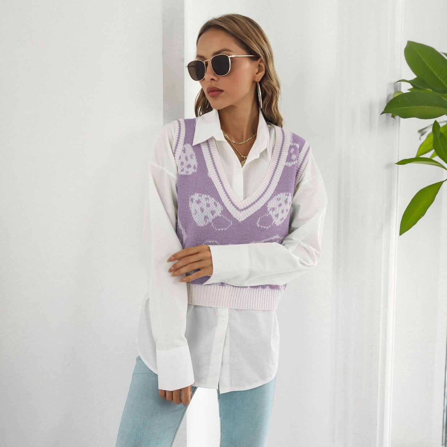 Preppy Cute Mushroom Jacquard Vest Sweater Women Vest Autumn Winter Knitwear Sweater