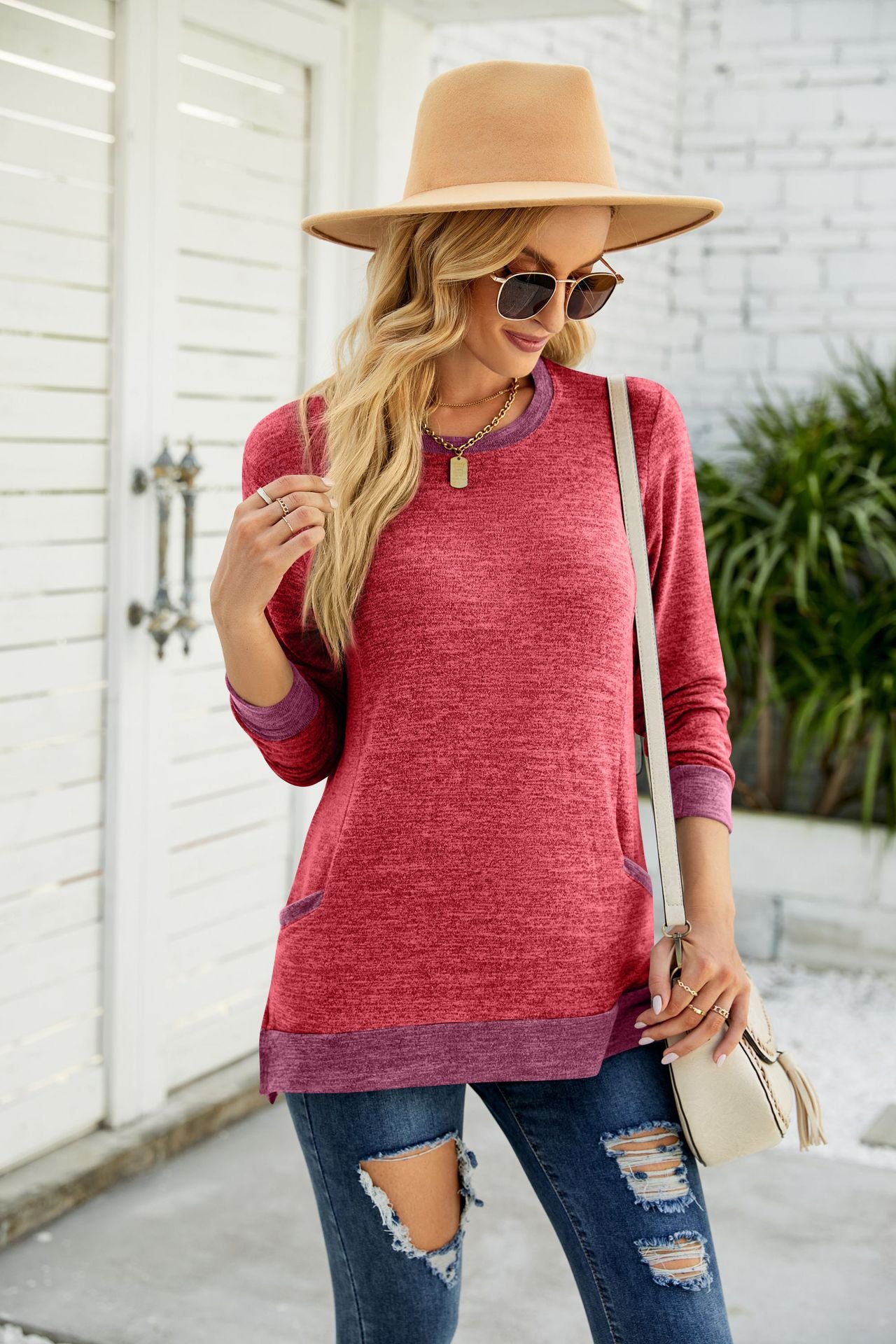 Women Clothing round Neck Multicolor Pocket Long Sleeve Pullover Top Loose-Fitting Casual T-shirt
