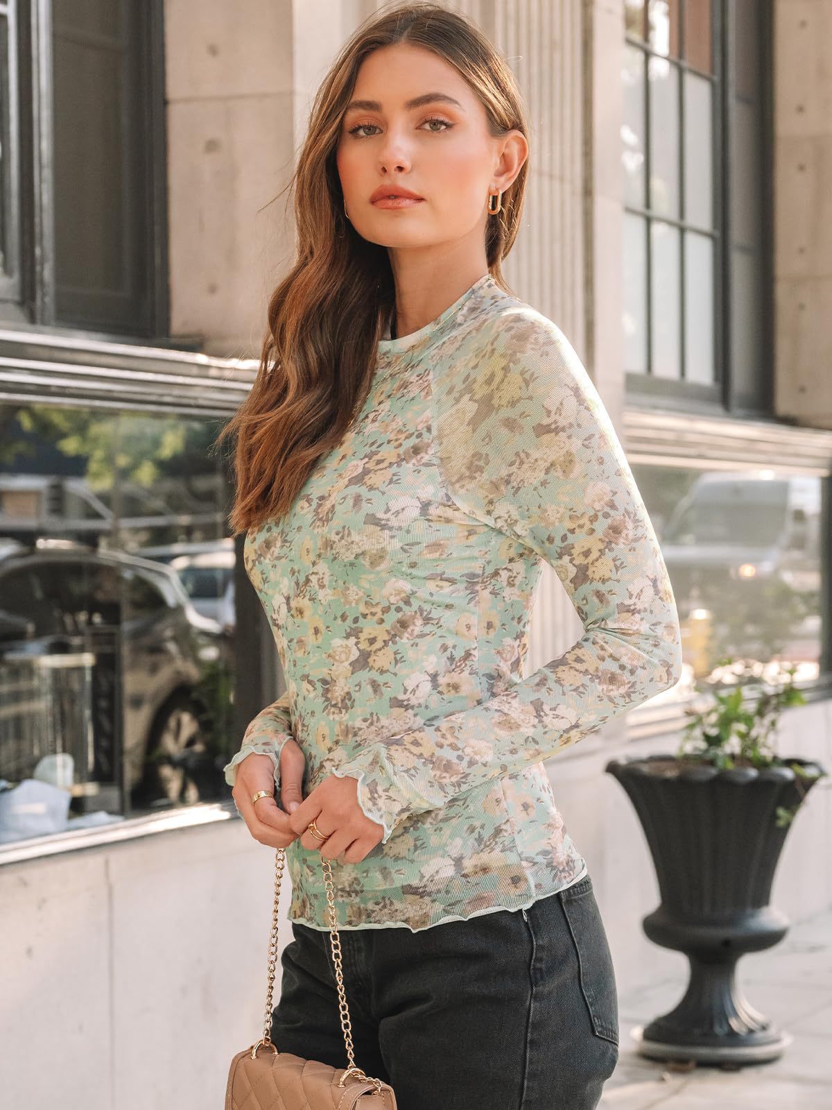 Women Half High Collar Long Sleeves T shirt Sexy Mesh Floral Print Top